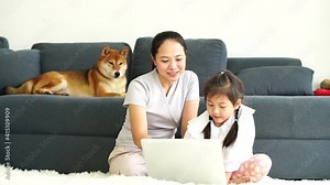 A mother and daughter who are using computers in the living room with Shiba Inu dogs.