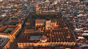Aerial view of Mosque–Cathedral of Cordoba, a cathedral of the Roman Catholic Diocese of Córdoba dedicated to the Assumption of Mary and located in the Spanish region of Andalusia, Spain