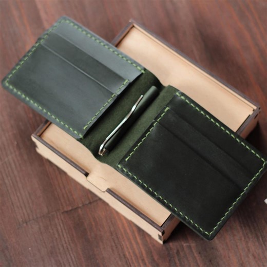 Leather Bifold Wallet: Personalized Green Money Clip Slim Men's Leather Wallets - Etsy