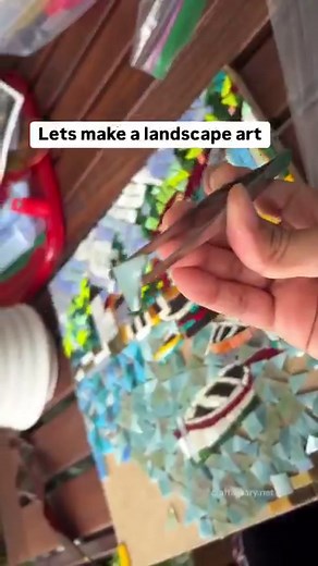 DIY LANDSCAPE MOSAIC! I am so excited to share my most time and effort consuming project at last!! 😊😍 I cannot tell you how excited I am to share it! I hope you like it. 💛 Learn to mosaic. Today, I am sharing how to make mosaic landscape art. There are so many fun designs that you can make, here’s an Ocean view landscape inspired by nature and colourful architecture. 1️⃣ Plan your pattern and draw an outline. You can consider tracing if drawing is not in your comfort level. 2️⃣ Work in portio