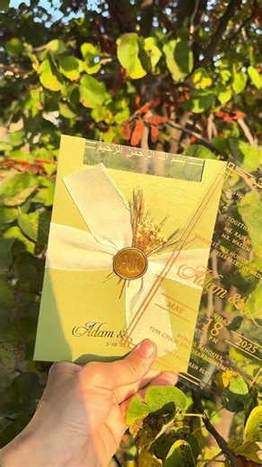 Clear Acrylic Wedding Invitation with Gold Print, Light Green Envelope, White Ribbon, Gold Wax Seal