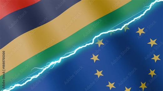 Two waving flags Mauritius and European Union with diagonal lightning seamless, 4k loop