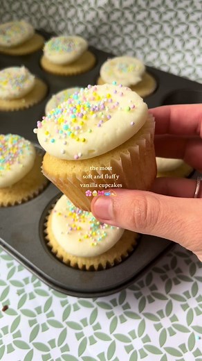 Soft and fluffy vanilla cupcakes: Cupcake ingredients: (make sure all are room temp!!) - 113 g whole milk to be mixed with the oil - 85 g canola oil - 170 g whole milk to be mixed with the eggs - 1 tablespoon vanilla extract - 3 large eggs room temperature - 368 g cake flour - 368 g granulated sugar - 14 g baking powder - 1/4 teaspoon baking soda - 1/2 teaspoon salt - 227 g unsalted butter softened to room temperature but not melted Frosting ingredients: - 1 cup butter, slightly softened - 2-3 t
