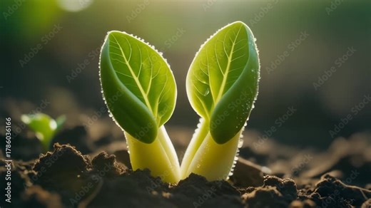 The Cotyledons Opening. A new bean sprout that has just emerged. The two large fleshy seed leaves (cotyledons) are in the process of opening up like a book facing the soft morning sun.