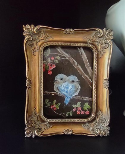 Original Oil Painting Bluebirds on Branch Miniature Framed Art - Etsy