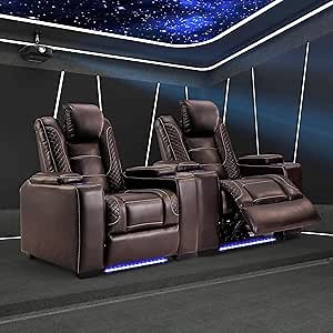 ANJ Power Home Theater Seating Recliner Chairs Set of 2, PU Leather Recliner with Cup Holder, Electric Movie Theater Reclining Chairs with Adjustable Headrest, LED Lights, Hidden Arm Storage (Brown)