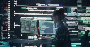 Female Developer Thinking and Typing on Computer, Surrounded by Big Screens Showing Coding Language. Professional Programmer Working in a Modern Office, Running Coding Tests. Futuristic Programming
