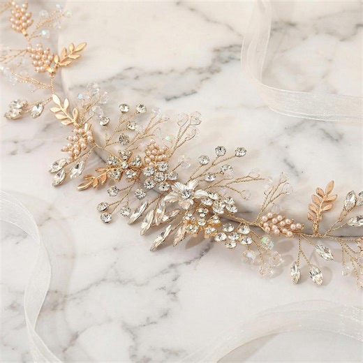 Handmade Gold Crystal & Pearl Bridal Headband With Ribbons Wedding Hair Accessory - Etsy