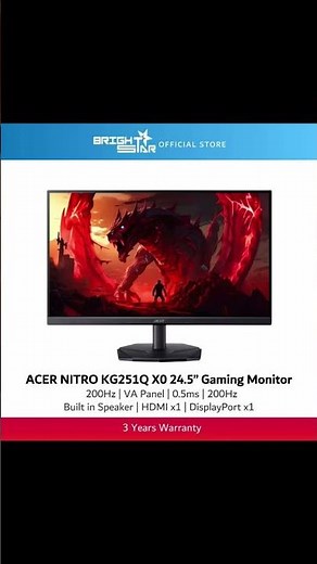 ￼ACER Nitro KG251Q X0 200Hz 24.5" Gaming Monitor - VA/0.5ms/FHD/HDMI/DisplayPort