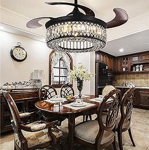 42" Crystal Ceiling Fan with Light Chandelier with 6 Speed 3 Color LED Remote Control Forward and Reverse Rotatable Indoor Chandelier Retractable Fandelier, Bedroom Living Room Decorate