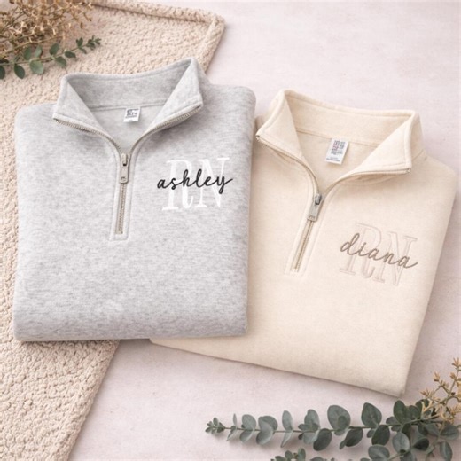 Custom Embroidered Quarter Zip Sweatshirt, RN Nurse Gift, Personalized Name Pullover, Minimalist Monogram Sweater - Etsy