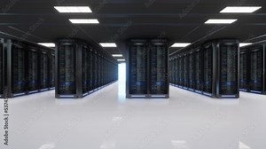 Network and data servers behind glass panels in a server room of a data center or ISPt, 3d Animation