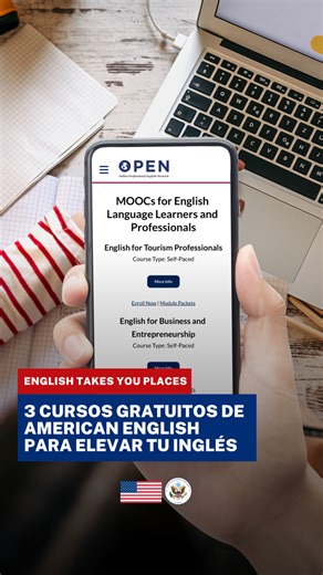 3 cursos gratuitos para elevar tu inglés 🇺🇸🎓 Si quieres llevar tu dominio del inglés a otro nivel, estos cursos MOOC del programa American English de U.S. Department of State te ayudarán a destacar a nivel profesional. Estos los cursos disponibles ⬇️: 📌 Inglés para profesionales de turismo 📌 Inglés para Negocios y Emprendimiento 📌 Inglés para Desarrollo de Carrera Ingresa a https://americanenglish.state.gov/OPEN-MOOCs y empieza hoy 💪 | Embajada de Estados Unidos en Perú