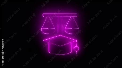 Neon Law Education Icon with Justice Scale And Graduation Cap Lawyer Concept Academic Law Judicial System Education Symbol Glowing Outline.