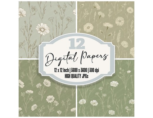 12x Sage Botanical Junk Journal Paper Minimal Wildflower Line Art Digital Paper Pack Cream Floral Backgrounds Scrapbook Paper Printable Jpgs - Etsy