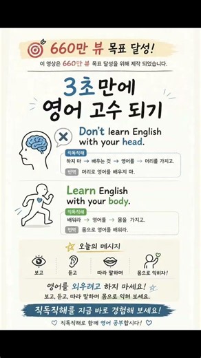 이 영상은 660만 뷰 달성을 목표로 제작되었습니다.---3초만에 영어 고수 되기영어는 머리로 배우는 것이 아닙니다. 그럼 어떻게 배워?