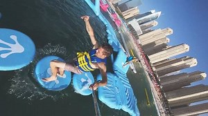 2.1K views · 60 reactions | Parkour on the Worlds Biggest inflatable obstacle course!  Tbh I didn’t fall into the water ONCE until I started using the selfie stick!!! 酪 Ft. @hasanelsayed_ Thanks for the invite @aquafunme ❤️ #fail #aquafun #obstaclecourse #waterpark #parkour | David Nelmes - Parkour & Freerunning | Facebook