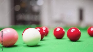 Close up of Snooker shooting on snooker table and balls in slow motion