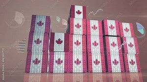 Canada export production and import containers cargo with business import export diagrams and charts. Canadian flag industrial shipping box 3d concept.