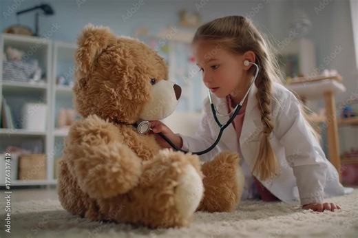 A little girl is playing doctor, listening to the lungs or heart of a patient - a large teddy bear with a medical stethoscope.