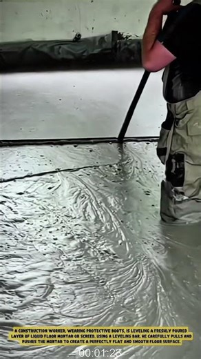 This is the Process of Leveling Liquid Floor Mixture with a Leveling Bar
