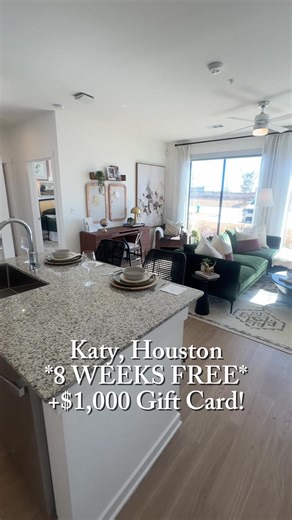 Katy, Houston 📍 🚨A brand-new community is here, and they are celebrating BIG with great specials! ✔️ 8 WEEKS FREE ✔️ $1,000 GIFT CARD Unit Shown: $1,431 ✨Be the first person or family to stay inside your brand new apartment! Comment