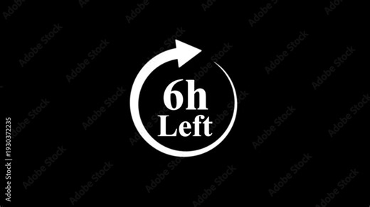 Countdown timer graphic with 6 hours remaining, on a black background, with a circular arrow indicating time passing. Perfect for sales, promotions, or event deadlines.