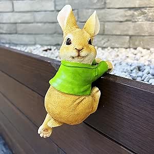 Mini Hanging Bunny Resin Garden Statues Cute Green Rabbit Sculpture Outdoor Hanging Animal Décor for Flower Pot,Fence, Yard Art Figurines Ornaments