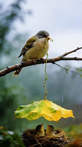 In the middle of a heavy rain, a bird parent chose protection over escape—using a single leaf to shield its babies from the storm. A rare and touching moment that shows how powerful love and responsibility can be in the wild. Nature speaks softly, but its message is unforgettable. | Jumping Feather