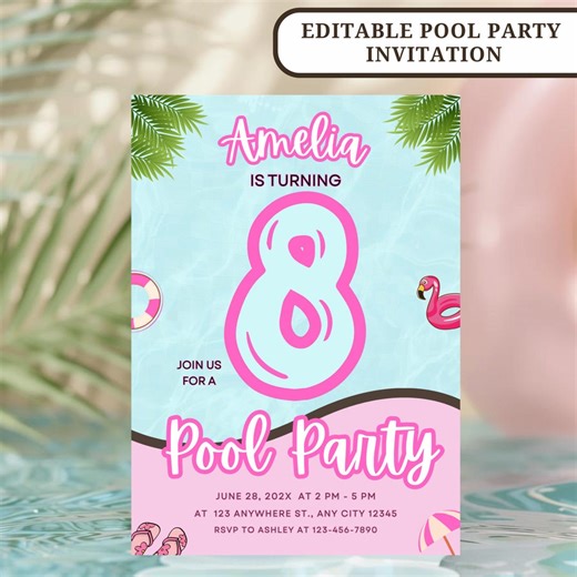 Pink Pool Party Invitation for Girls, Summer Birthday Pool Invite for Kids Swim Party Invitation, Editable Pool Party Canva Template - Etsy