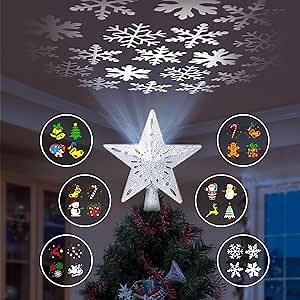 DG-Direct Christmas Tree Topper Lighted Star with 6 Projected Patterns,3D Hollow Sparkling Star Christmas Tree Topper with Rotating Magic Projector for Christmas Tree Ornament