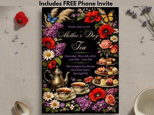 Editable Mother's Day High Tea Invitation, Printable Mothers Day Brunch Invite Template, Custom Floral Mom Invite, Dramatic Dark Flowers - Etsy Canada