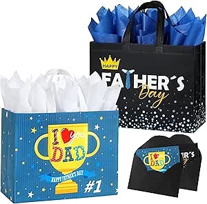 STYPOP 2 Pack 13" Fathers Day Gift Bags with Tissue Paper, Reusable Non-Woven Fathers Day Bags for Men/Dad/Grandpa, Medium Men Gift for Party Favor, 12.8"*10.2"*6.3"