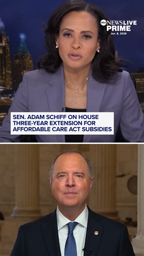 The House passed a bill on Thursday to extend the Affordable Care Act enhanced subsidies for three years by a vote of 230-196 with 17 Republicans voting with Democrats and defying GOP leaders. Democratic Sen. Adam Schiff says he is “skeptical” but hopeful for a Senate compromise. | ABC News