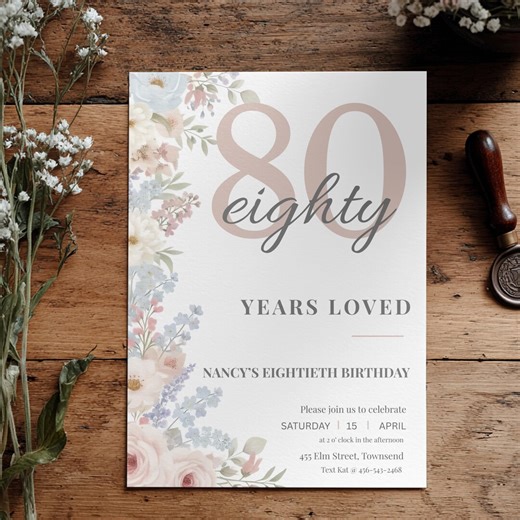 80th Birthday Invitation Template Editable | 80 Years Loved Invite | Elegant 80th Birthday Party Invitation | Editable Canva Template - Etsy