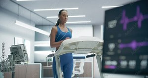 Female Athlete Performs a Cardiopulmonary Exercise Test on a Treadmill in a High-tech Medical Lab, Monitored by Advanced Equipment for Precise Health and Performance Analysis.