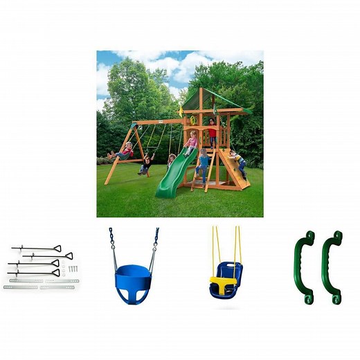 DIY Outing  Swing Set Bundle with Vinyl Roof, Three Multi Age Swing Types, Safety Handles & Anchoring Metal Stakes - The Home Depot