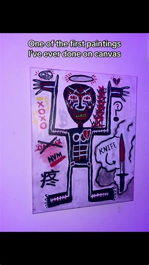 Here is one of the first paintings I’ve ever done on canvas. I don’t think it’s good but I still really appreciate it because I think this is the 2nd one I ever painted on canvas so it’s special to me. This one is where I first started to really experiment with backgrounds. It’s called “Pain, to Ach, to Hurt” (16x20) #painting #arttok #artwork #art #basquiat