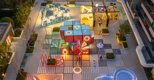layered geometric rubix square by 100architects blends play installations with lighting