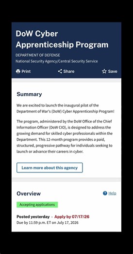 USAJOBS Just Posted a Department of War Cyber Apprenticeship