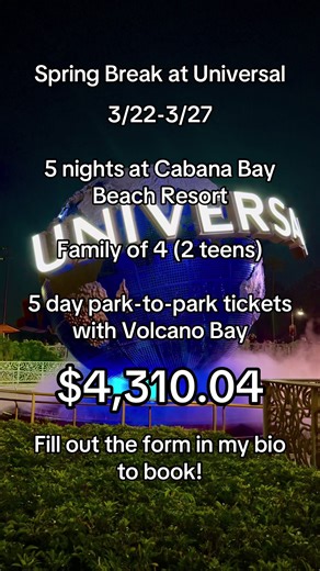 Spring Break at Universal! 3/22-3/27 Family of 4 (2 teens) 5 nights at Cabana Bay Beach Resort! 5 day park-to-park tickets with Volcano Bay access $4,310.04! Fill out the form in my bio to book! #tiktokgo #universalorlando #epicuniverse #cabanabaybeachresort