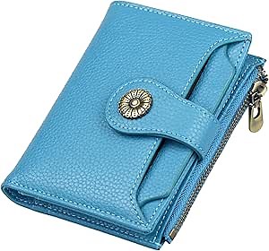 Small Wallet Women RFID Blocking Soft Leather Bifold Compact Card Holder Wallet for Women with Zipper Coin Pocket Pebbled Blue