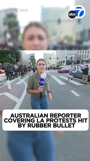 Video shows the moment a reporter for an Australian news channel was shot with a rubber bullet while covering the immigration protests in downtown L.A. The news channel said she “was left sore but otherwise unharmed.﻿” | ABC7