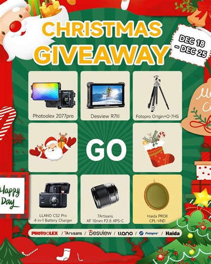 Photoolex on Instagram: "✨ CHRISTMAS GIVEAWAY ✨ This Christmas, we’re powering up your creative workflow with a festive SETUP REBOOT 🎅💻 We’ve teamed up with 6 amazing brands to bring you 7 incredible prizes — one magical gift for each lucky winner! 🎁✨ 🎁 Prizes： 💡 Photoleox — X2077 Pro Panel Light ($189.99) 📸 7Artisans — AF 10mm F2.8 APS-C Lens ($199) 🔋 LLANO — CS2 Pro 20W Battery Charger ($99) 🪞 Haida — PROII CPL-VND 2-in-1 Filter (
