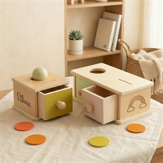 Personalized Object Permanence Box, Custom Wooden Montessori Ball Coin Drop, Baby Shower Keepsake Gift - Etsy