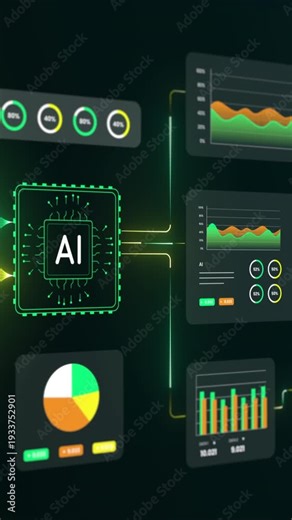 Digital interface featuring a glowing AI processor core connected to business charts and real time performance analytics.