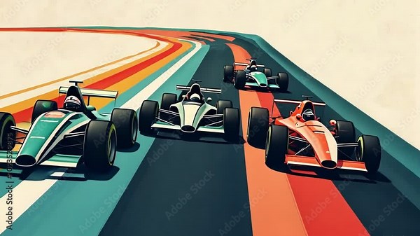 1950s poster style animation of a Formula 1 car race. Thrilling Formula 1 car racing action from the 1950s on a vibrant racetrack with four iconic cars