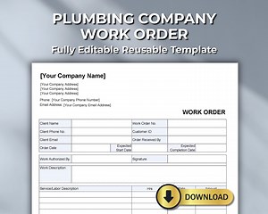 Plumber Work Order Template: Fillable PDF, Excel, Word, Numbers (instant Download - Etsy Australia