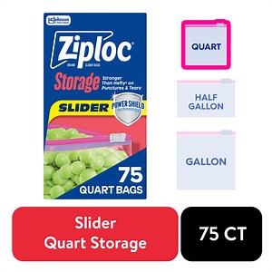 Ziploc® Brand Storage Slider Quart Bags, Power Shield™ Technology, Expandable Bottom, 75 Count