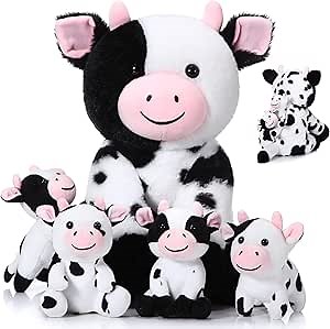 Sumind 5 Pcs Cow Stuffed Animal Set 13.78 Inch Mommy Cow Plush Toy with 4 Babies Cute Calf in Her Tummy Large Highland Stuffed Animals for Toddlers Girls Boys Birthday(Cute)